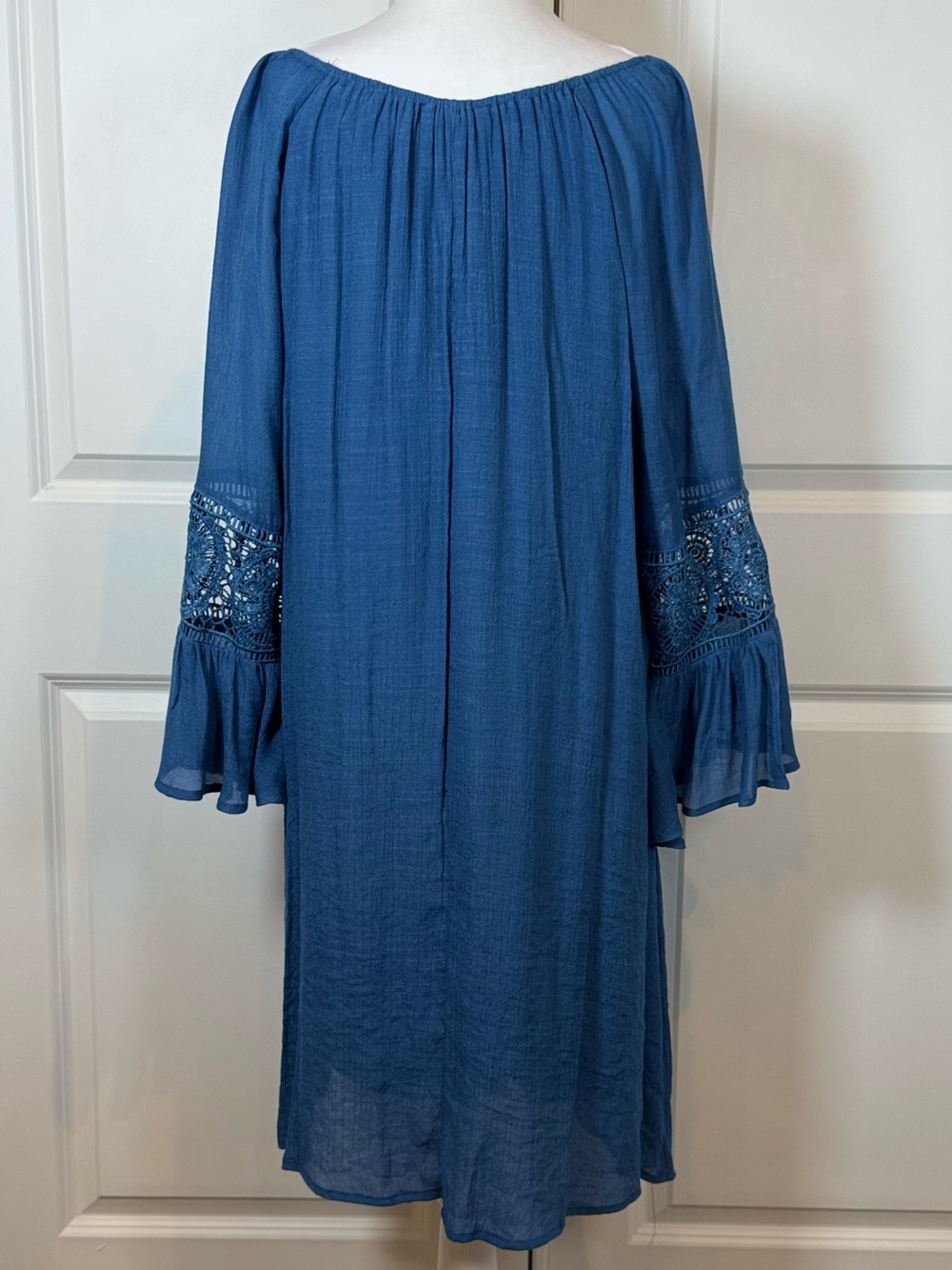 Blue Boho Peasant Beach Resort Coastal Casual Crochet Bell Sleeve Tunic Dress 2X - Picture 4 of 8